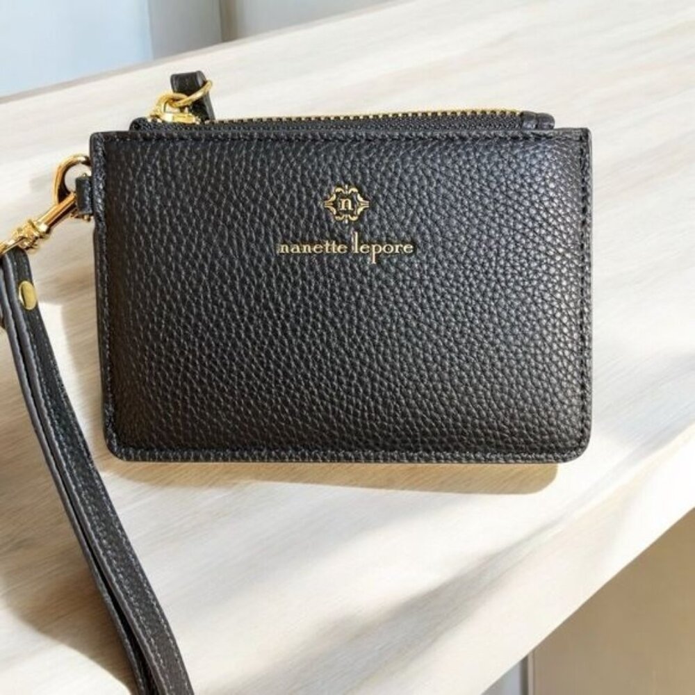 Nanette Lepore Card Case Holder Wristlet Wallet Black Pebbled Leather NEW